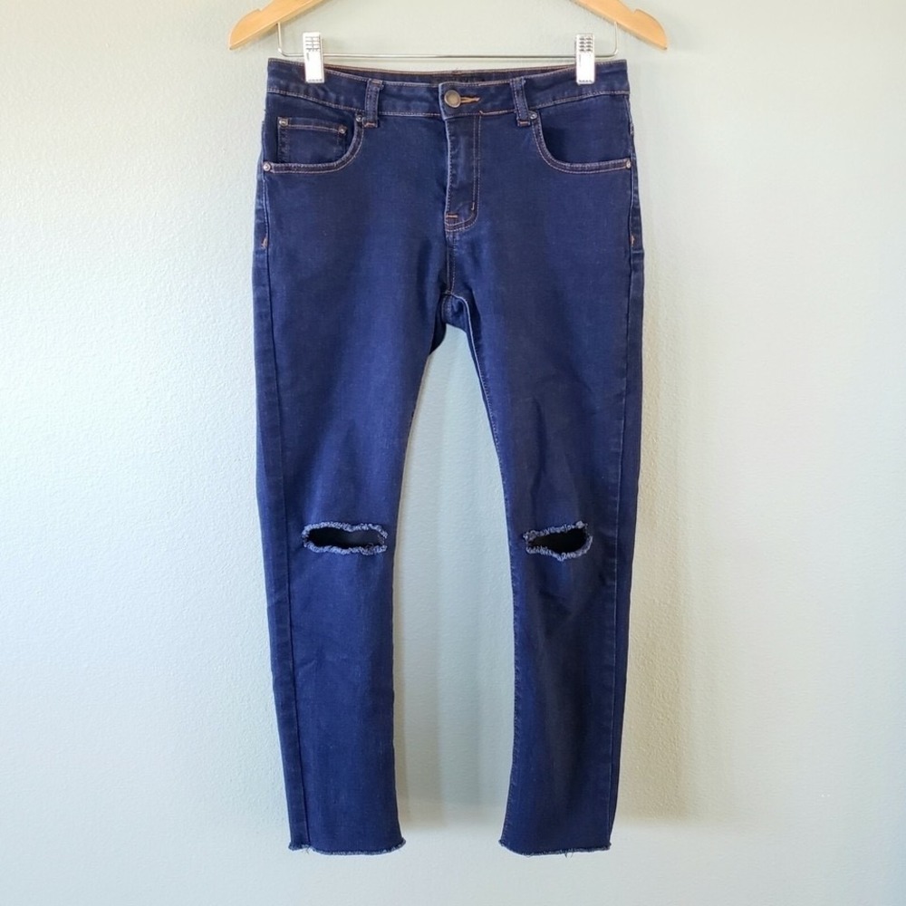 American Bazi Dk Wash Cropped Distressed Stretch Skinny Jeans Jrs Sz 7 Raw Hem